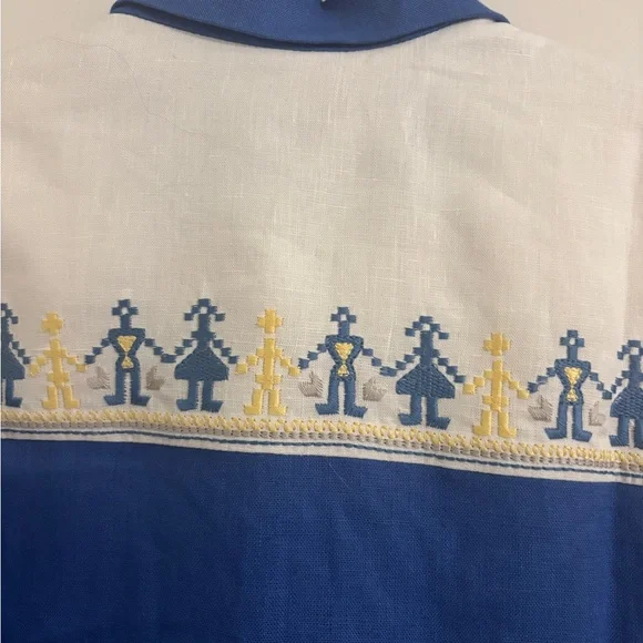 Ukrainian Blue and White Embroidered Unisex Oversized Linen Shirt Vyshyvanka L - Picture 5 of 12